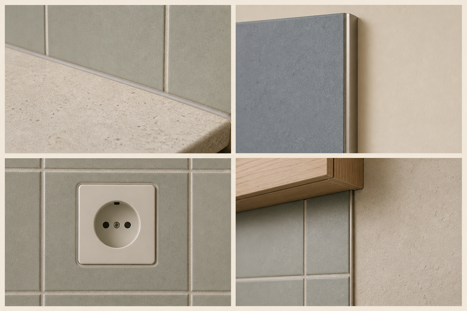 Detalles de borde de encimera, esquina, enchufe y cambio de material en una pared de cocina.