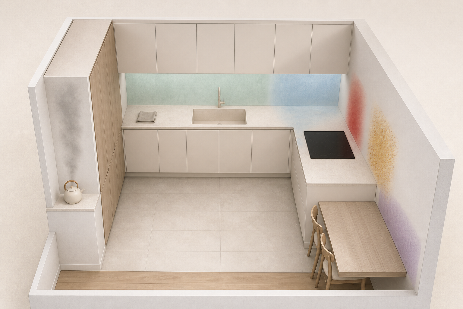 Mapa de paredes de cocina con exposición a agua, grasa, calor, vapor, golpes y limpieza frecuente.
